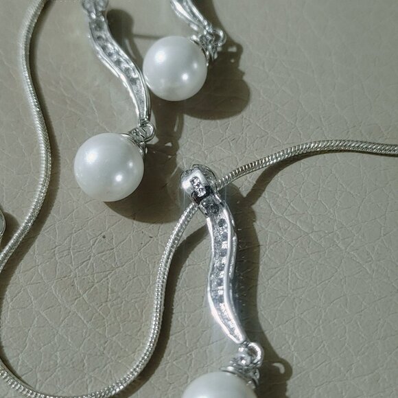 Necklace Earring Set 925 Sterling Silver 18 inch Faux Pearl Cubic Zirconia - Picture 6 of 13